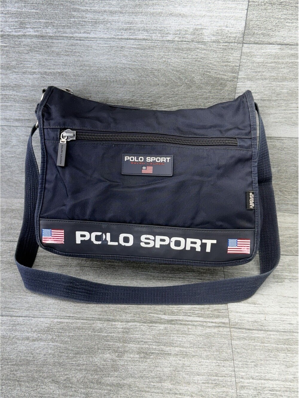 VTG Polo Sport Ralph Lauren Canvas Nylon Messenger Bag 90s Y2K USA Flag Blue
